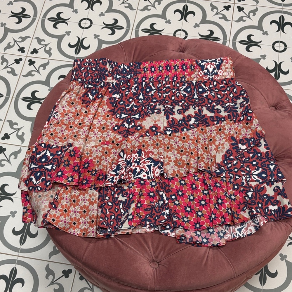 CAbi Pink and Blue Patterned Mini Skirt